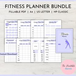 fitness planner editable, workout tracker, meal planner, selfcare planner, body measurements, a4, letter, hp classic.