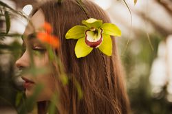 lime green tiki hair flower. real touch orchid bridal hair pin. pinup hair flower. tropical wedding headpiece.