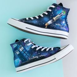 doctor who sneakers, doctor who inspired converse with tardis, timey wimey, sonic screwdriver, custom painted shoes