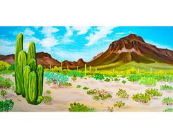 arizona desert original oil painting on canvas panoramic large landscape sonoran desert artwork saguaro cactus wall art