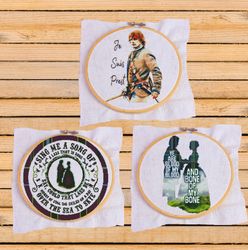 outlander cross stitch set of 3 pattern, pdf download, claire and jamie fraser portrait embroidery