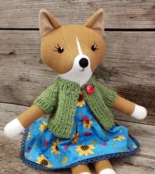 red dog girl, stuffed wool doll, handmade plush puppy toy