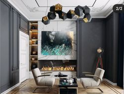 black and gold shiny painting original abstract art. modern textured wall art, acrylic on canvas abstract portrait 65*80