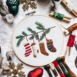 christmas socks hand embroidery pdf pattern botanical embroidery pattern