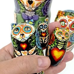 russian matryoshka, mexican decor day of the dead halloween party decor sugar skull wooden nesting dolls calavera