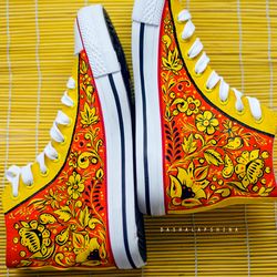 hohloma sneakers, orange converse with traditional floral ornament, custom painted shoes