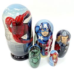 super heroes marvel nesting doll set kids christmas gift, avengers comics characters matryoshka doll boys room decor