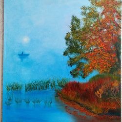 morning fishing painting landscape oil painting autumn painting 31*35 inch forest lake art