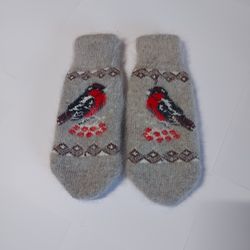 gray wool mittens, women's winter fluffy mittens, knitted mittens with  ornament