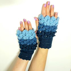 blue scaly mitts, women's winter fluffy mittens, knitted mittens with  ornament