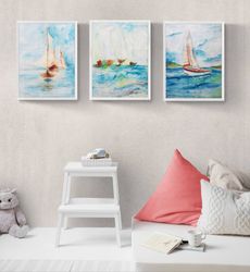 white blue sailboat set of 3 wall art  - digital file that you will download