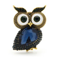 owl brooch, statement bird jewelry, blue and red