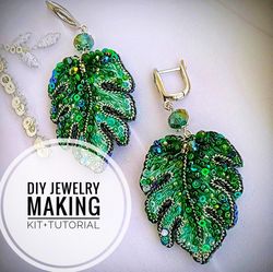 seed bead embroidery diy kit and tutorial monstera leaf earrings pendant, jewelry making kit for beginners, beading kit