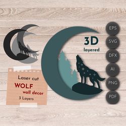 wolf 3d layered wall art, wolf howls in the wild laser cut