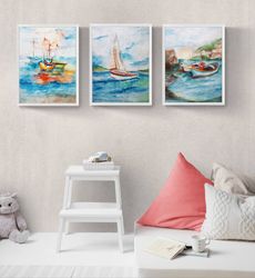 colorful nautical set of 3 wall art  - digital file that you will download