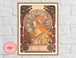 zodiac cross stitch pattern, alphonse mucha,digital format, art nouveau,astrological signs,full coverage