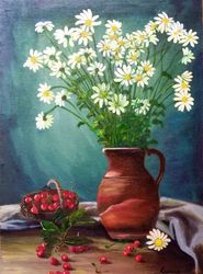 white daisies picture still life with flowers painting 17*23 inch watering flowers art