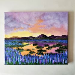 acrylic painting landscape art of a sunset lake