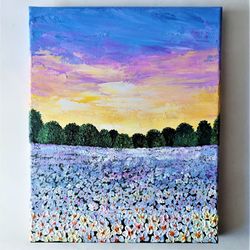 acrylic painting of a sunset landscape with white field flowers