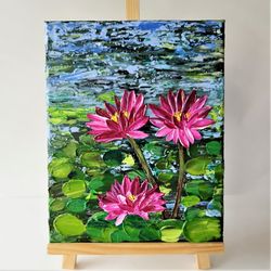 unique water lily acrylic painting textured wall art | pink lotus flower