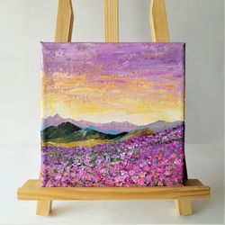 Landscape Painting: Acrylic Mini Canvas Art of a Pink Floral Sunset