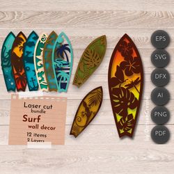 3d layered svg, surf wall art, summer bundle laser cut file