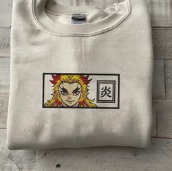 rengoku embroidered crewneck, demon slayer embroidered sweatshirt, inspired embroidered manga anime hoodie