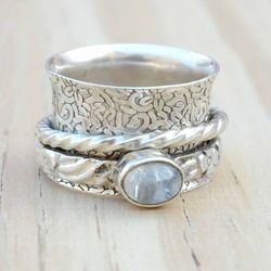 moonstone ring, fidget spinner ring, anxiety sterling silver ring women, floral meditation ring, thumb ring wide band