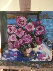 roses by the sea original oil painting on board