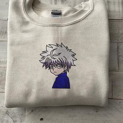 killua zoldyck embroidered crewneck, hunter x hunter embroidered sweatshirt, inspired embroidered manga anime hoodie