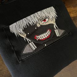 ken kaneki embroidered crewneck, tokyo ghoul embroidered sweatshirt, inspired embroidered manga anime hoodie