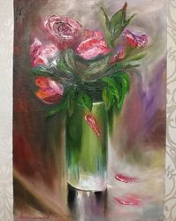 red roses art still life with flowers painting 15*23 inch red roses in a vase painting