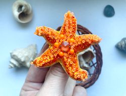 starfish brooch , beaded starfish brooch, see jewelry, orange brooch