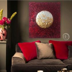 moon painting red and gold abstract wall art full moon shining textured artwork original art modern wall decor