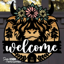 highland cow svg laser cut files | daisy svg | cow svg | welcome sign svg | front door sign svg | glowforge files