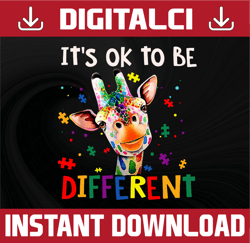 it's ok to be different, rainbow puzzle giraffe, autism kids, autism awareness month gift digital png