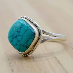 turquoise gemstone silver women ring, genuine crystal and 925 sterling silver handmade aesthetic jewelry, gift for her