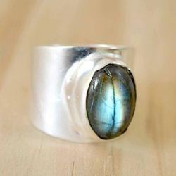 large labradorite ring, sterling silver women ring, blue stone ring, natural gemstone ring, silver wide band ring boho