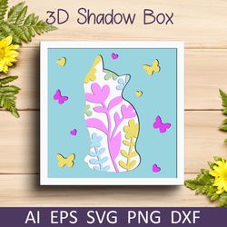 cat shadow box svg, 3d layered cat paper cut template