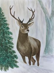 deer illustration, original animal art, deer handmade drawing, winter wall art, scandinavian art nordic art, deer lovers