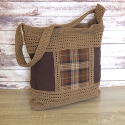 brown textile women's handbag crochet bag shoulder bag  plaid checkered bag hobo bag