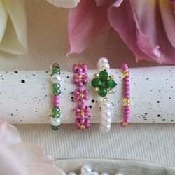 spring flower rings , floral pink ring , rings set , cute jewelry , handmade jewellery , seed beaded bracelets , gift