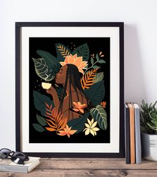 black woman enjoys coffee among tropical leaves and flowers printable poster, melanin art, african american art, digital