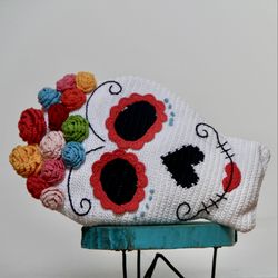 multicolored sugar skull, day of the dead, throw pillow, themed cushion