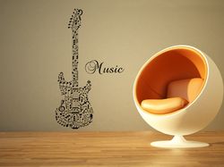 guitar sticker, guitar and notes, musical instrument, music, wall sticker vinyl decal mural art decor