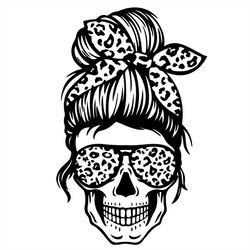 woman skull messy bun mom life leopard svg silhouette