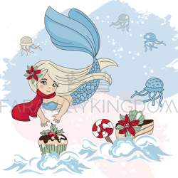 MERMAID SWEET Merry Christmas Cartoon Vector Illustration Set