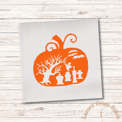 ghostly pumpkin cross stitch design - primitive halloween pattern with cemetery