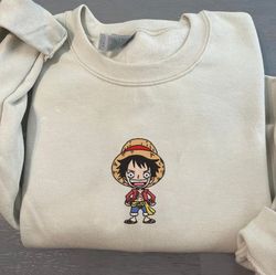 luffy embroidered crewneck, one piece embroidered sweatshirt, inspired embroidered manga anime hoodie