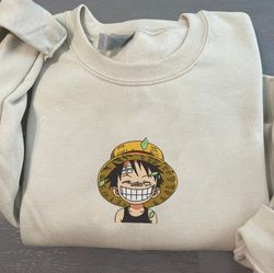 luffy embroidered crewneck, one piece embroidered sweatshirt, inspired embroidered manga anime hoodie